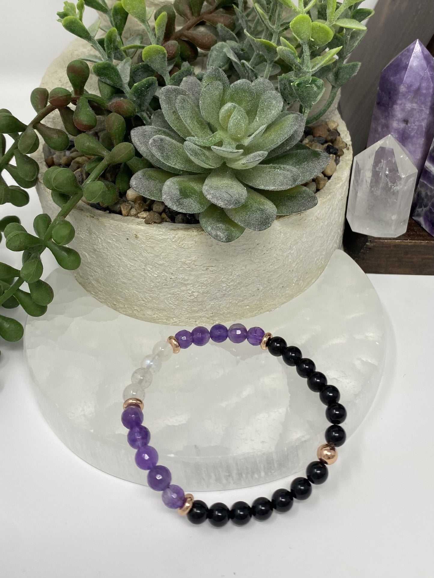 Amethyst, Obsidian & Moonstone Bracelet